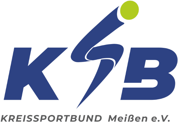 Logo des Kreissportbundes Mei&szlig;en e.V. mit blauer Schrift, einem dynamischen Symbol und einem gr&uuml;nen Punkt.