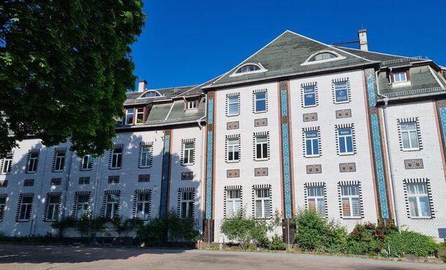 Fassade eines historischen Gebäudes mit Fenstern und bunten Verzierungen, umgeben von Grünanlagen und blauem Himmel.