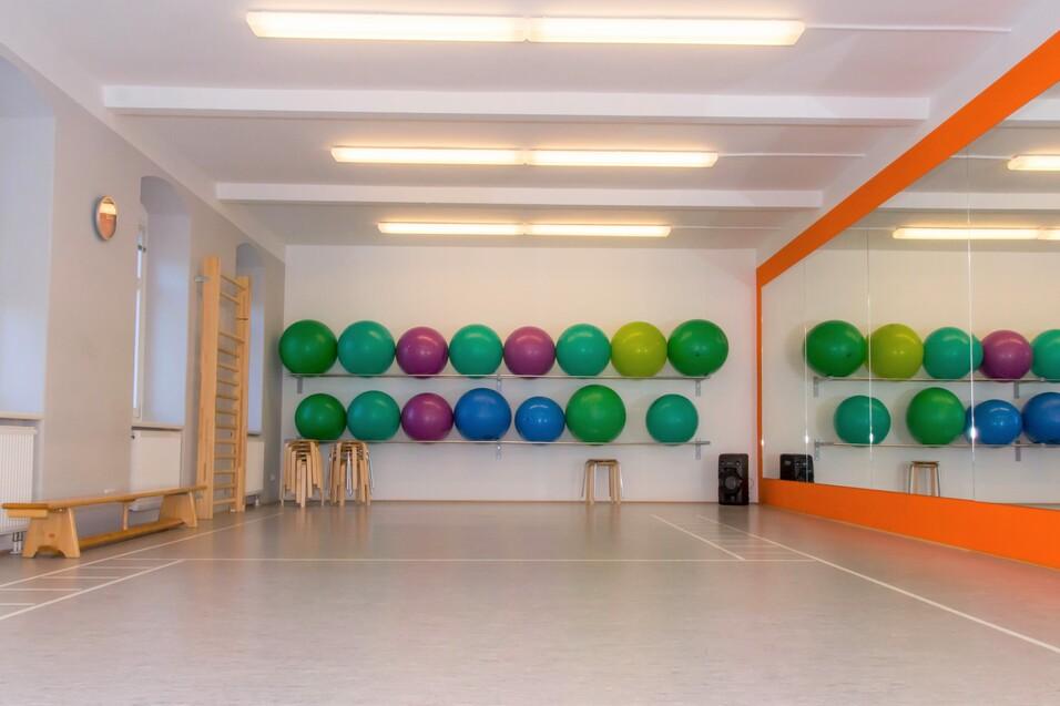 Grußer Raum mit Fitnessbällen in Blau, Grün und Lila an der Wand, Spiegel und Holzgeräte auf dem Boden.