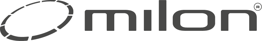 Logodesign von milon in grauer Schrift mit ovalem Symbol.