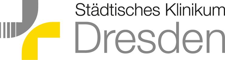 Logo des St&auml;dtischen Klinikums Dresden mit stilisierten grafischen Elementen in Grau und Gelb.