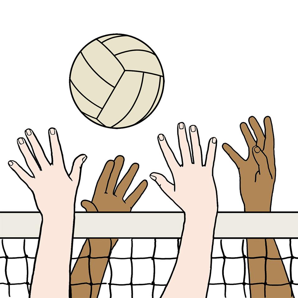 H&auml;nde verschiedener Hautt&ouml;ne strecken sich nach einem Volleyball &uuml;ber einem Netz.