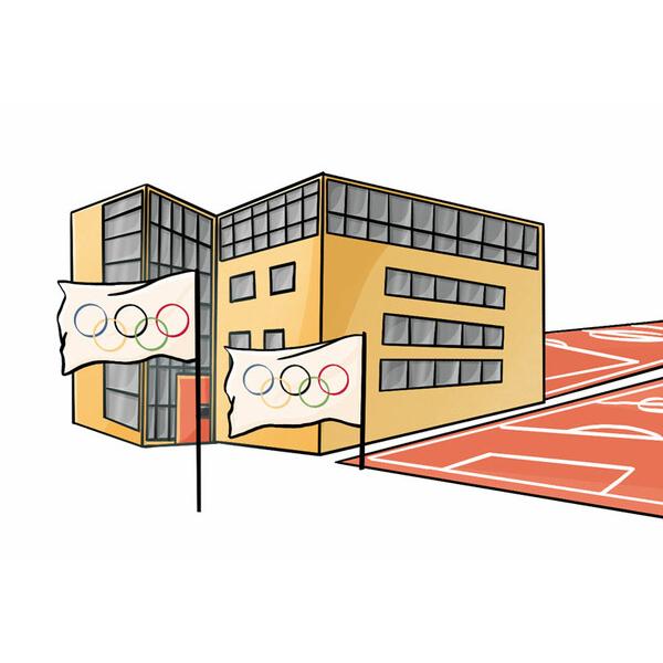 Illustration eines modernen Geb&auml;udes mit Olympiagl&auml;ubigern und Sportplatz in der Umgebung.