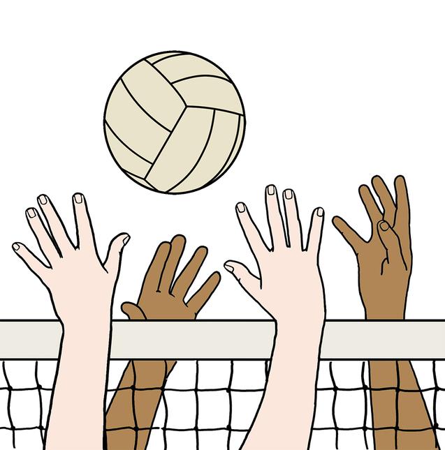 H&auml;nde verschiedener Hautt&ouml;ne strecken sich nach einem Volleyball &uuml;ber einem Netz.